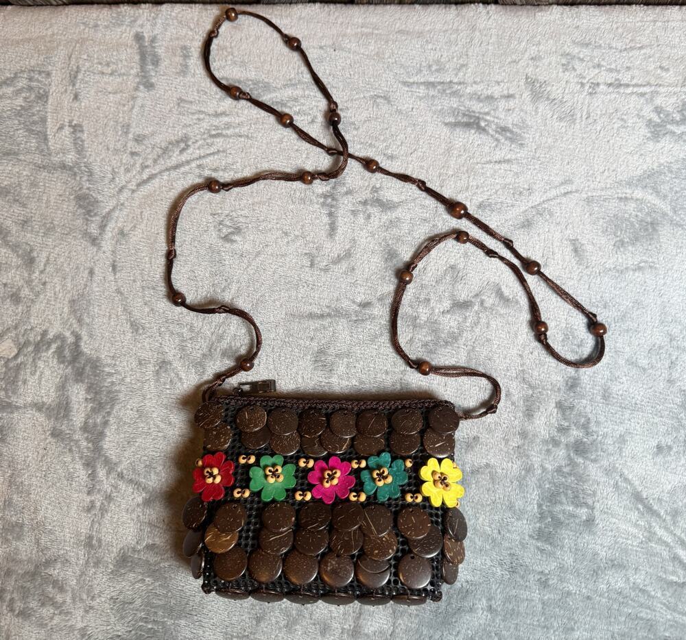 Handmade Coconut Shell Crossbody Purse Boho Floral Beaded Tropical Shoulder Bag